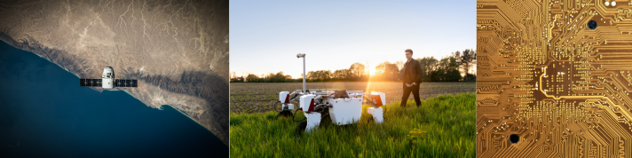 Examples of future innovations: a satellite hovering above the coast, an agricultural robot in a field and a close-up of a microchip