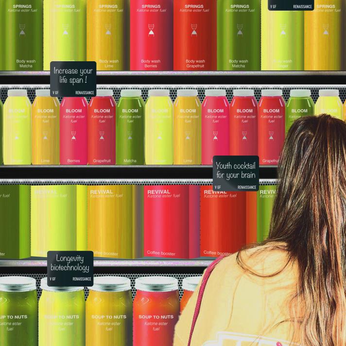 long haired woman facing a shelf of colourful smoothies promoting brain health and longevity