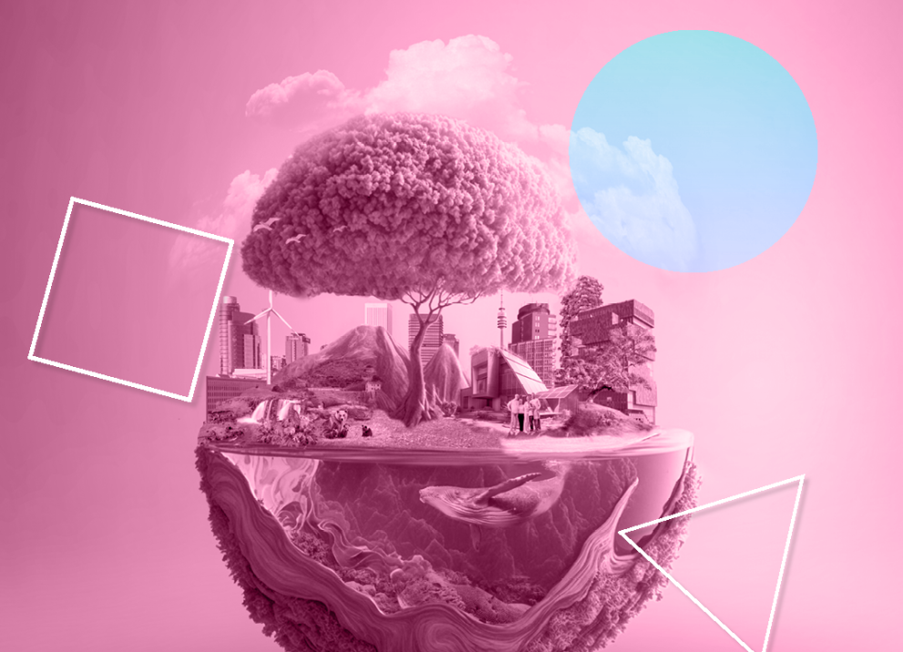 Cover image of the report - the biosphere in pink