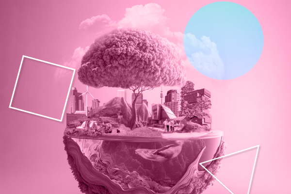Cover image of the report - the biosphere in pink